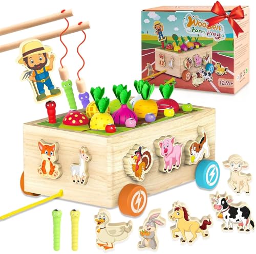 Achiyway Montessori Spielzeug ab 1 2 3 Jahr, 7-In-1 Kinderspielzeug Angelspiel für Kinder Jungs Mädchen Kinder Kleinkind Holzspielzeug Magnetangel Steckwürfel Sortier & Stapelspielzeug Geschenk von Achiyway