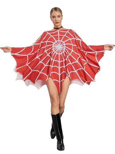 Achlibe Damen Halloween Gothic Poncho Umhang Lustiges Spinnennetz Umhang Kostüm Deluxe Party Cosplay Outfit (A-Red, Einheitsgröße) von Achlibe