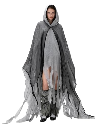 Achlibe Damen Halloween Hexe Umhang Kostüm Gruselig Zerrissener Sensenmann Umhang Zauberin Kapuze Cosplay Requisiten (A-Grau, Einheitsgröße) von Achlibe