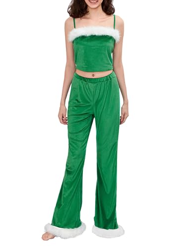 Achlibe Damen-Kostüme mit Plüschbesatz, langärmelig, schmal, ausgestellt, Overall mit Weihnachtsmannmütze, Set, Cosplay, Party-Outfits (C-Grün, S) von Achlibe