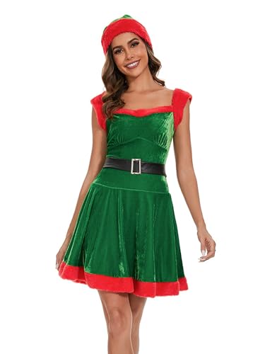 Achlibe Damen Weihnachten Santa Kleid Mrs Claus Plüsch Trim Spleißen Kleid Gürtel Halfter Samt Minikleid mit Hut (A-Grün, L) von Achlibe