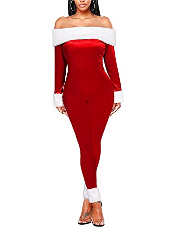 Achlibe Damen-Weihnachts-Kostüm, Plüschbesatz, langärmelig, schmal, ausgestellt, Overall mit Weihnachtsmannmütze, Set, Cosplay, Party-Outfits (B-a-Rot, XL) von Achlibe