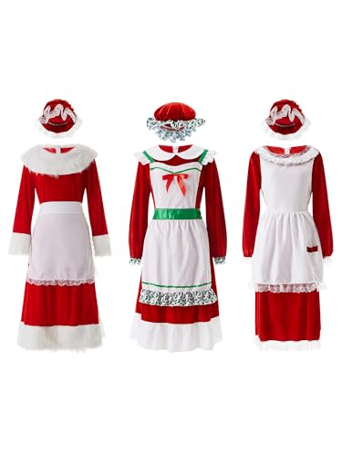 Achlibe Damen-Weihnachts-Kostüm, lustiges Weihnachtsmädchen, Oma, Frau, Claus, Deluxe-Outfits, Weihnachts-Party-Set (A-Rot-Grüne Schürze, M) von Achlibe