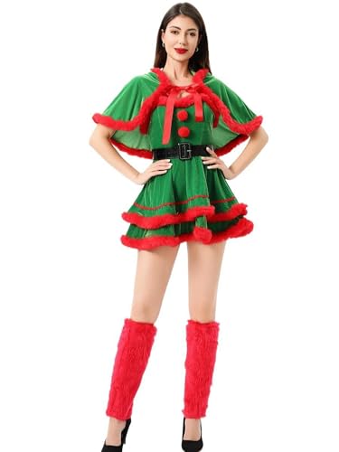 Achlibe Damenkostüm für Damen, Weihnachtsmann, Plüschsaum, Samt, kurzes Kleid mit Gürtel und Kapuzenschal, Party, 3-teilig (A-a-Grün, L) von Achlibe