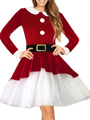 Achlibe Damenkostüm für Damen, Weihnachtsmann, Samt, Puppenkragen, Netzsaum, Kleid mit Hut, Gürtel, Cosplay, 3-teiliges Outfit (A-A, Rot, L) von Achlibe