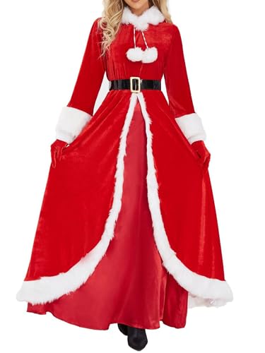 Achlibe Damenkostüm für Damen, Weihnachtsmann-Kostüm, Deluxe, Samt, mit Kapuze, passende Outfits, Weihnachtsfeier-Kostüm (A-Red, L) von Achlibe