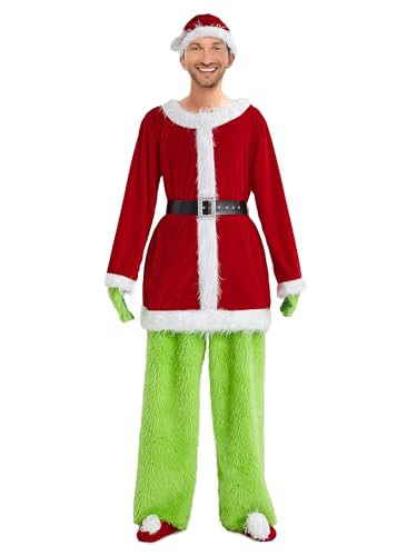 Achlibe Erwachsenenkostüm für Weihnachten, Cosplay, Herren, grünes Fell, Monster-Outfits, Deluxe, 6-teilig, Party-Kostüm, passende Outfits (A-Red, XXL) von Achlibe