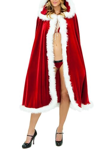 Achlibe Frauen Weihnachten Cosplay Xmax Frau Claus Samt Maxi Kapuzenumhang Umhang Weihnachten Party Kostüm (Rot, 100 cm) von Achlibe