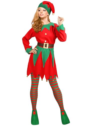 Achlibe Frauen Weihnachten Elfen Kostüm Set Langarm Lustiges Kleid mit Gürtel Hut Schuhe für Rollenspiel Party (Mädchen, Kinder, A-a-Red) von Achlibe