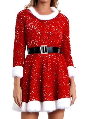 Achlibe Frauenkostüm Frau Claus, glänzend, pelzig, A-Linie, Weihnachtsmannkleid mit Gürtel und Hut, Party-Outfit (A-Red, XXL) von Achlibe