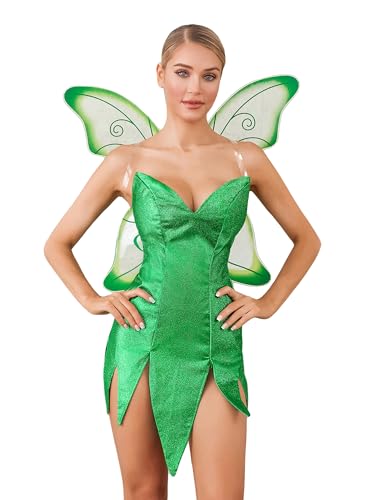 Achlibe Halloween-Feenkostüm für Damen, Waldprinzessin, grün, trägerlos, Schlauch-Top, figurbetontes Minikleid mit Flügeln (A-Grün, M) von Achlibe