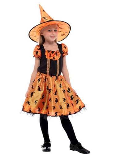 Achlibe Halloween-Kostüm für Kinder, Mädchen, Cosplay, spitzer Hexenhut, Kleid, Outfits, Faschingsparty-Kostüm (Orange, L) von Achlibe