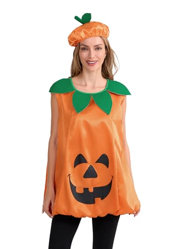 Achlibe Halloween-Kürbis-Kostüm-Set für Damen, Blattbesatz, ärmellos, Laterne, lustiges Cosplay-Kleidung mit Hut (A-a-Orange, L) von Achlibe