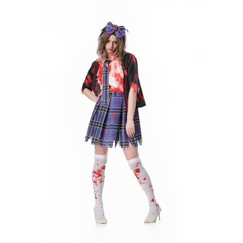 Achlibe Halloween-Outfit für Damen, blutiges Hemd mit Jacke, karierter Rock, Krawatte, Stirnband, Zombie-Kostüm, Cosplay, Schuluniform, Verkleidungs-Kostüme (Rot, L) von Achlibe