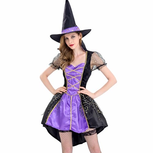 Achlibe Hexenkostüm-Set für Damen, kurze Netzärmel, Kleid, Zaubererhut, Sets, Halloween-Party, Cosplay-Kleid (Standard, L, Lavendel) von Achlibe