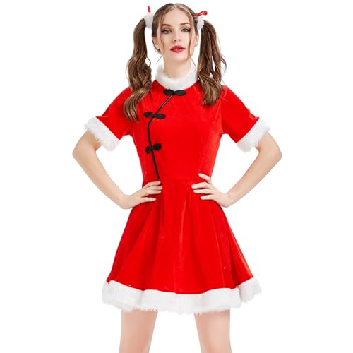 Achlibe Mrs Claus Kostüm für Damen, niedliches Plüschbesatz, chinesischer Stil, Kleid + Haargummi + Weihnachtsmannumhang, Weihnachtsoutfits (A-Red, M) von Achlibe