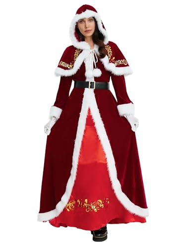 Achlibe Mrs Weihnachtsmann-Kostüm, roter Mantel und Kapuzenumhang, Deluxe, 4-teiliges Outfit, Weihnachtsaufführung, Kostüm, Rot, Größe M von Achlibe