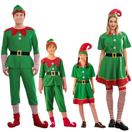 Achlibe Weihnachts-Famliy-Outfits, grünes Elfen-Kostüm, Damen, Weihnachtsmann-Kostüm für Herren, Halloween, Urlaub, Cosplay-Set (Kinder, 2-3T, A-Grün) von Achlibe