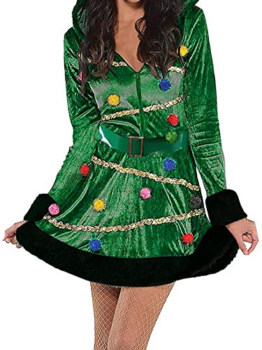 Achlibe Weihnachtsbaumkleid für Damen, Pailletten-Bommel, Pelzbesatz, Samt, Kapuzenkleid mit Gürtel, für Cosplay-Party (A-a-Grün, XL) von Achlibe