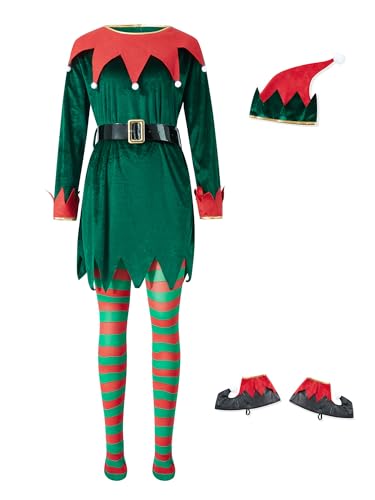 Achlibe Weihnachtselfen-Outfits für Damen, Samtkleid, Gürtel, gestreift, Overknee-Socken, Elfe, spitzer Hut, Schuhe, Cosplay, 5 Stück (mehrfarbig, M) von Achlibe