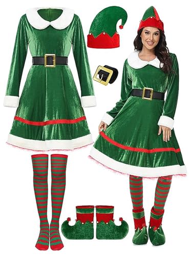 Achlibe Weihnachtselfenkostüm-Set für Damen, Samtkleid mit Gürtel, gestreift, Overknee-Socken, Elfenhut, Schuhe für Cosplay (A-a-Green, L) von Achlibe