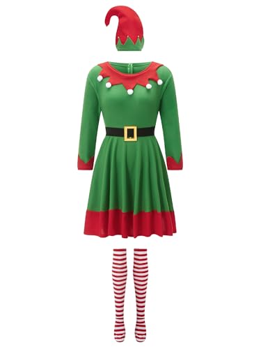 Achlibe Weihnachtselfenkostüme für Damen, Kleider mit Gürtel, gestreifte Strümpfe und Hüte, Set für Cosplay-Party, lustige Outfits (A-a-Grün, M) von Achlibe