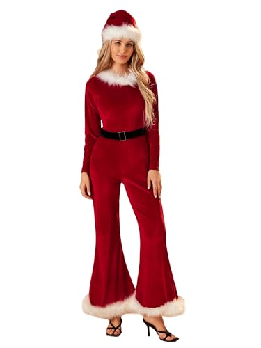 Achlibe Weihnachtsmann-Cosplay-Kostüm für Damen, ausgestellte Hose, Beine, Overall-Set mit Nikolausmütze und Gürtel, 3-teiliges Outfit (Rot, L) von Achlibe