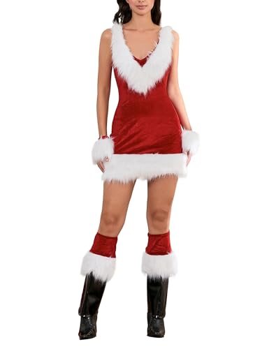 Achlibe Weihnachtsmann-Kostüm für Damen, Weihnachtsmann, Deluxe, Samt-Sets, Weihnachtsfeier, passende Outfits, Cosplay, Kleidung (A-Red, L) von Achlibe