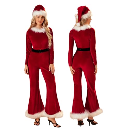 Achlibe Weihnachtsmann-Kostüm für Damen, Weihnachtsmann-Kostüm, Pelzbesatz, langärmelig, Glockenhose, Overall mit Nikolausmütze (A-Red, XL) von Achlibe