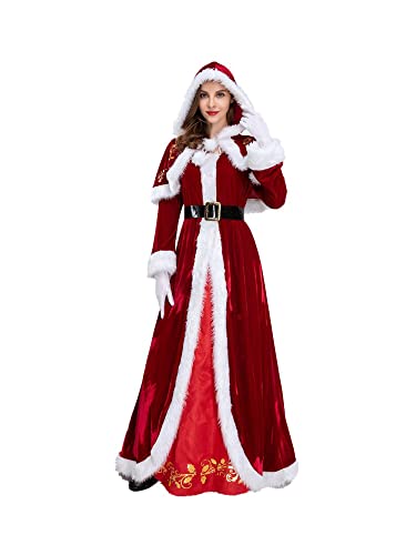 Achlibe Weihnachtsmann-Kostüm für Damen, mit Plüschbesatz, rotes Kleid mit Umhang, Hut, schwarzer Gürtel, weiße Handschuhe, Outfit (A-A, Rot, XL) von Achlibe