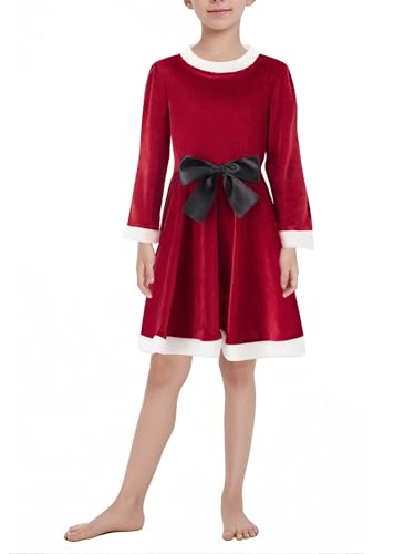 Achlibe Weihnachtsoutfit für kleine Mädchen, Weihnachtsmann-Kostüm, langärmelig, Rundhalsausschnitt, Weihnachtsmann, kurzes Kleid (A-Red, 4T) von Achlibe