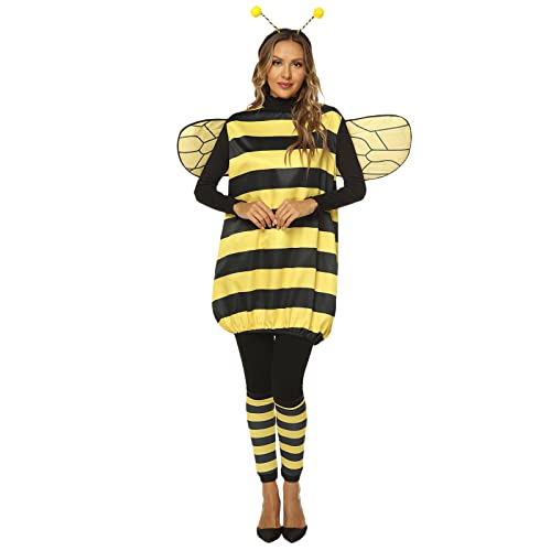 Bienen-Cosplay-Kostüm-Set für Damen und Kinder, Tier-Halloween-Kostüm, gestreift, mit Flügeln, Stirnband, Beinärmeln (Damen, XXL, A-Gelb) von Achlibe