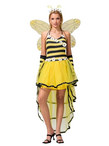 Bienenkostüm, Biene, Halloween, Cosplay, Kleid, gelbe Streifen, geschichtet, geschwollene Kostüme mit Flügeln, Stirnband, Armärmel (A-a-Gelb, M) von Achlibe