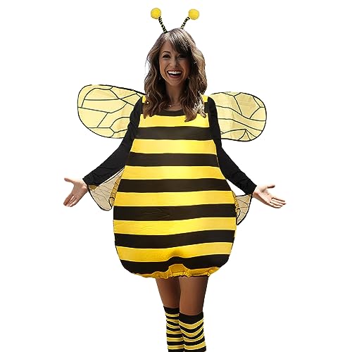 Bienenkostüm für Damen, Halloween, Karneval, kniehohe Socken + Haarreifen, Cosplay, Rave-Outfit (A-Gelb, L) von Achlibe