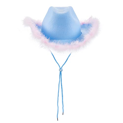 Cowboyhut für Damen, Western-Retro-Stil, mit Federn, breiter Krempe, Filz, Cowgirl-Hut für Party, Kostüm, Verkleidung, A-Blau 1, Einheitsgröße von Achlibe