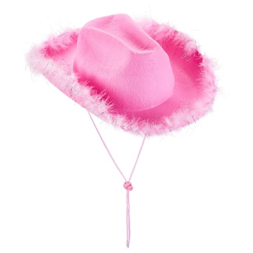 Cowboyhut für Damen, Western-Retro-Stil, mit Federn, breiter Krempe, Filz, Cowgirl-Hut für Party, Kostüm, Verkleidung (A-Pink 2, Einheitsgröße) von Achlibe