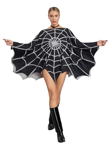 Damen Halloween Gothic Poncho Umhang Lustiges Spinnennetz Umhang Kostüm Deluxe Party Cosplay Outfit (A-a-Schwarz, Einheitsgröße) von Achlibe