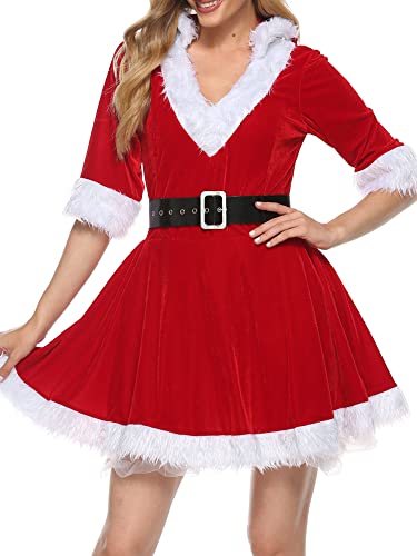 Frauen Mrs Santa Claus Kostüm Weihnachten Verkleidung Plüsch V-Ausschnitt Samt Cosplay Kleid Xmas Outfit, A-a-rot, 42 von Achlibe