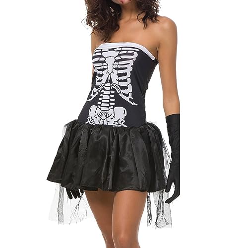 Halloween-Cosplay-Kostüme für Damen, Totenkopf-Druck, A-Linie, Tüll-Oberteil, Kleid + Haarnadel + lange Handschuhe (A-Schwarz, Einheitsgröße) von Achlibe