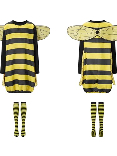 Niedliches Bienenkostüm für Damen, Halloween, Cosplay, ausgefallenes Tierkostüm mit Flügeln, gestreift, kniehohe Socken (A-a-gelb, L) von Achlibe