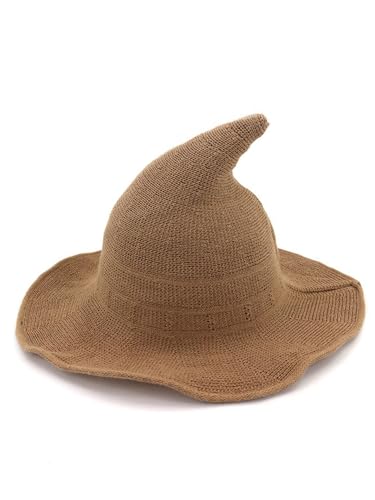 Spitzer Hexenhut für Damen, Halloween, Party, breite Krempe, Strickwolle, Zaubererhut, Urlaub, Cosplay, Gothic-Mütze, A-Baumwollgarn, Khaki, Erwachsene) von Achlibe