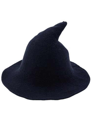 Spitzer Hexenhut für Damen, Halloween, Party, breite Krempe, Strickwolle, Zaubererhut, Urlaub, Cosplay, Gothic-Mütze, für Erwachsene, Marineblau, Erwachsene von Achlibe