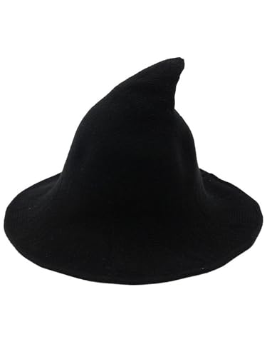 Spitzer Hexenhut für Damen, Halloween, Party, breite Krempe, Strickwolle, Zaubererhut, Urlaub, Cosplay, Gothic-Mütze, für Erwachsene, Schwarz von Achlibe