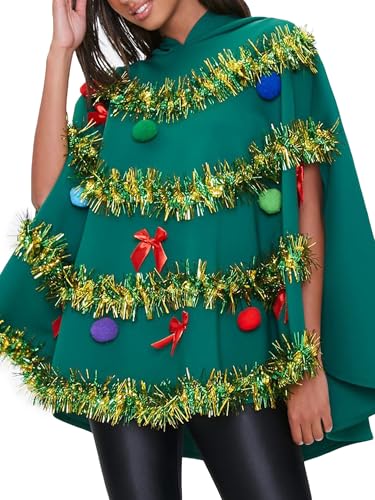 Weihnachtsbaum-Poncho für Erwachsene, mit Schleife, Ball, Dekor, glänzend, gestreift, mit Kapuze, Umhang, Cosplay, Party, Kostüm, Requisite (A-a-Grün, L) von Achlibe