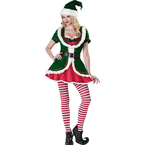 Weihnachtselfenkostüm für Herren und Damen, Deluxe-Weihnachtsmann-Anzug, für Erwachsene, Urlaub, Halloween, Cosplay, Party, Outfit-Set (A-grüne Frau, L) von Achlibe