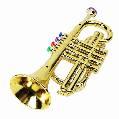 Kinder Trompete Blasinstrument Blechblasinstrument 4 Farbtasten Kunststoff Kinder Musikspielzeug Gold von Acouto