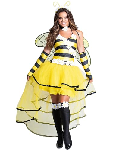 Acrawnni Bienenkostüm-Set für Damen, Cosplay, Halloween, gelbes Honigbienenkleid mit Flügeln, Stirnband, Beinärmeln für Party, Cosplay, Verkleidung (Standard, L, gelbes Kleid) von Acrawnni