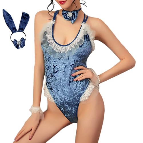 Acrawnni Damen Bunny Kostüm Ärmellos Spaghettiträger Samt Bunny Girl Bodysuit Stirnband Set Cosplay Kostüm (A-Blue, S) von Acrawnni