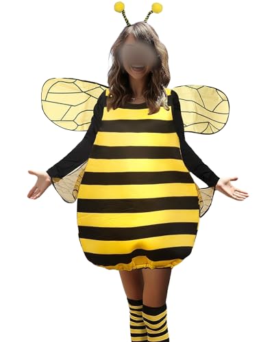 Acrawnni Bienenkostüm-Set für Damen, Cosplay, Halloween, gelbes Honigbienenkleid mit Flügeln, Stirnband, Beinärmeln für Party, Cosplay, Verkleidung, gelb, M von Acrawnni