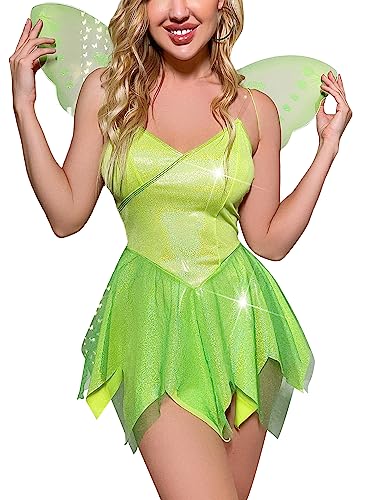 Acrawnni Damen Halloween Waldfee Tinkerbell Cosplay Kleid Kostüm Paillettenkleid Outfits Halloween Elfenkleid mit Flügeln (D-Green, L) von Acrawnni